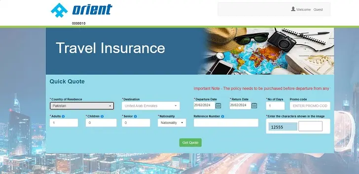 UAE Travel Insurance Online with orient online website Portal step 1