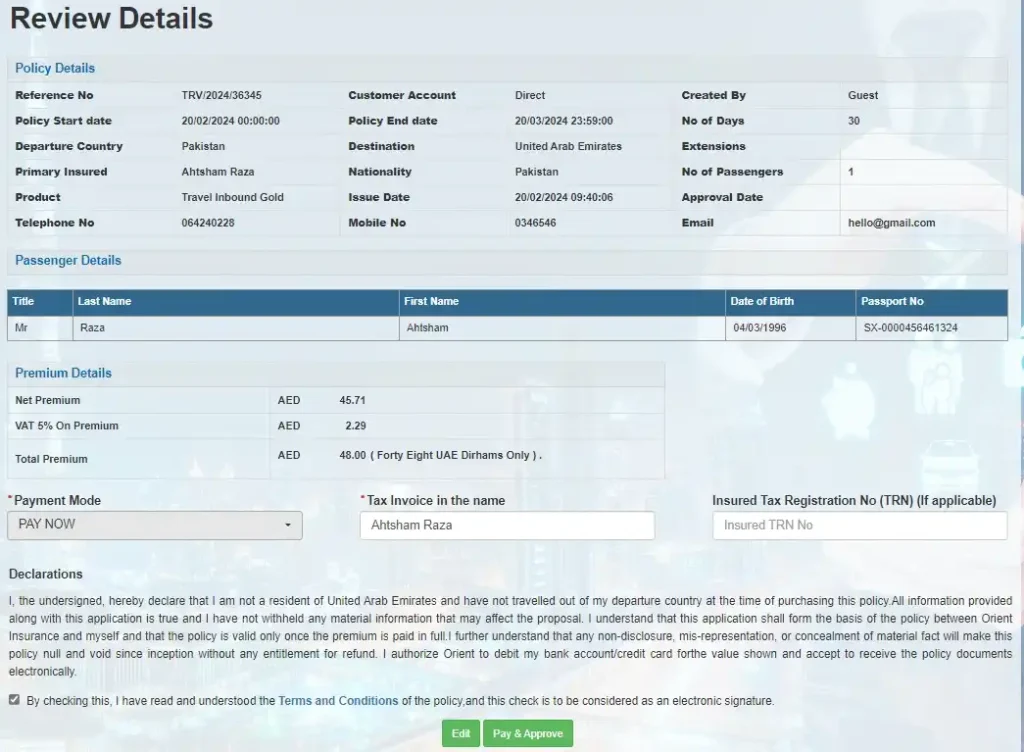 UAE Travel Insurance Online with orient online website Portal step\ 3